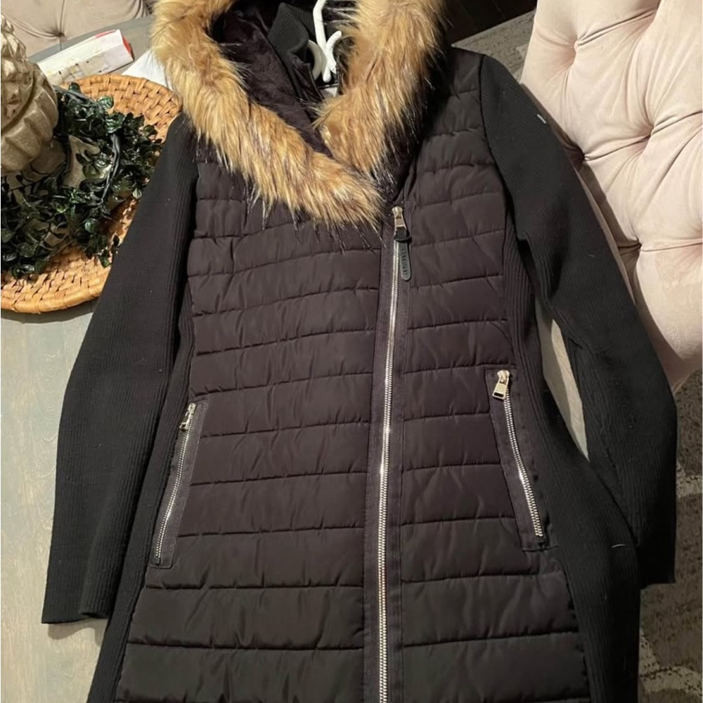 Calvin Klein Quilted Coat with Faux Fur Trim